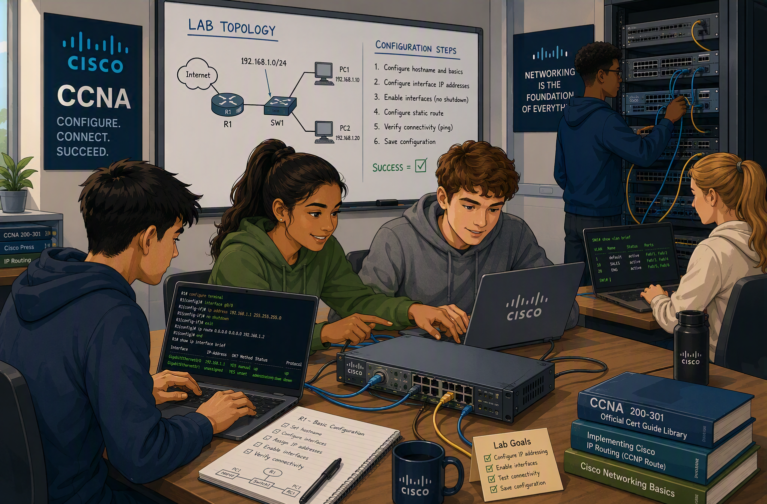 Students learning Cisco networking