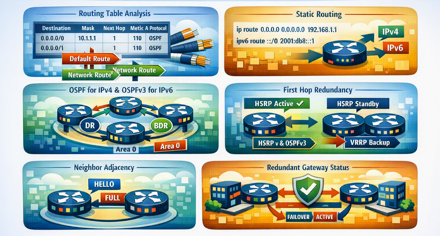 IP Routing concepts: routing table analysis, static routing IPv4/IPv6, OSPF for IPv4 & OSPFv3 for IPv6, first hop redundancy HSRP/VRRP, neighbor adjacency, and redundant gateway status