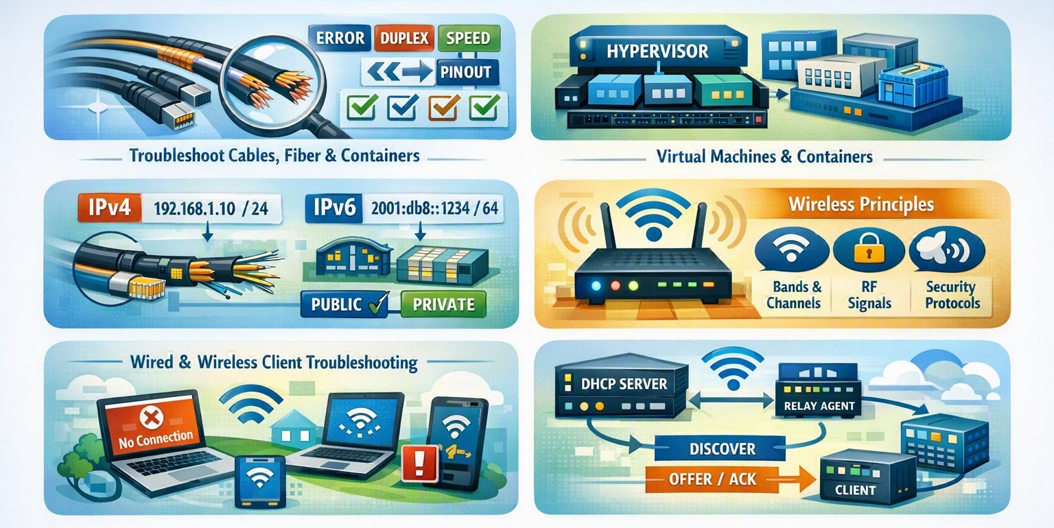 Network Infrastructure concepts: cables, virtual machines, IP addressing, wireless principles, troubleshooting, and DHCP architecture