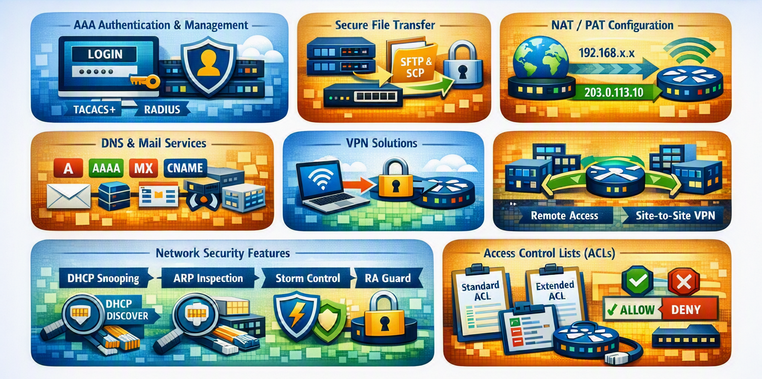 Network Services & Security concepts: AAA authentication, secure file transfer SFTP/SCP, NAT/PAT configuration, DNS & mail services, VPN solutions, network security features, and access control lists