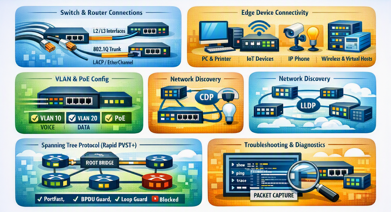 Switching & VLANs concepts: switch/router connections, edge device connectivity, VLAN & PoE config, CDP/LLDP network discovery, Spanning Tree Protocol, and troubleshooting diagnostics